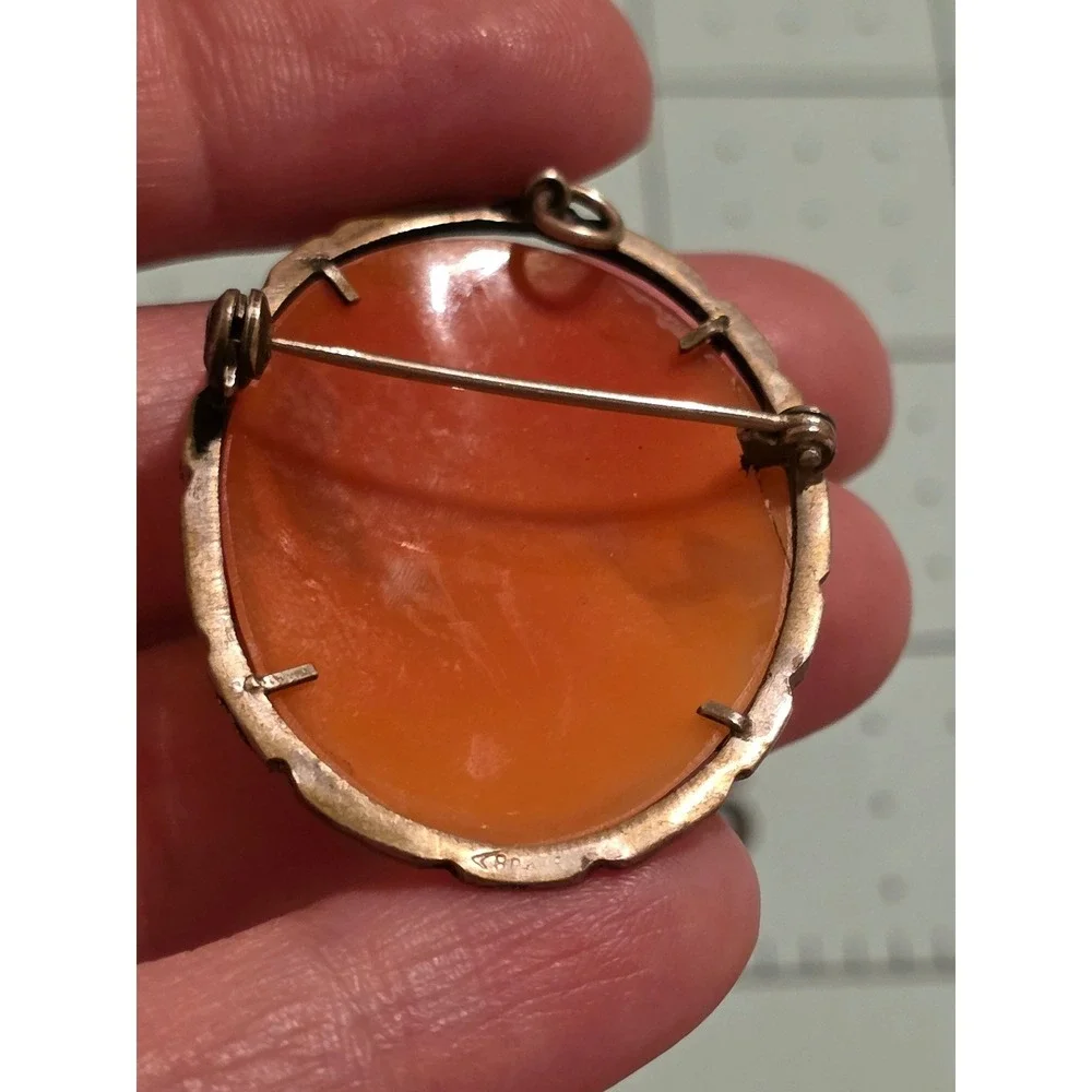 Vintage 800 Silver‎ Carnelian Shell Cameo Brooch Pendant Marcasite Scalloped